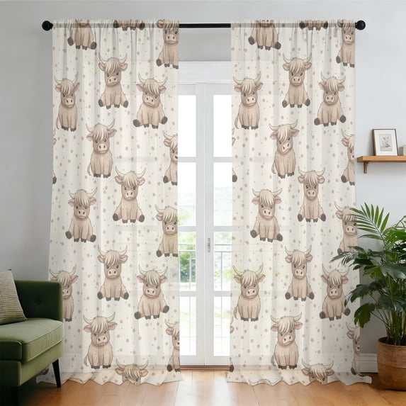Highland Cow and Dot Print Sheer Curtains, Sheer Window Panels with ...