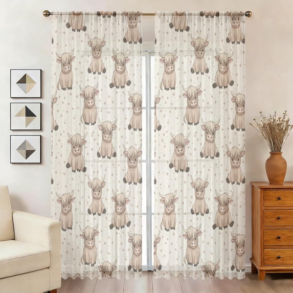 Highland Cow and Dot Print Sheer Curtains, Sheer Window Panels with ...