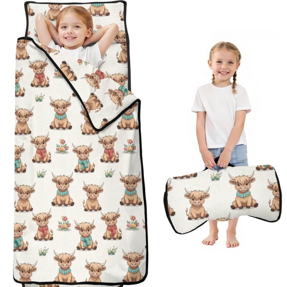 Highland Cow and Dot Print Teens Toddler Nap Mat with Pillow, Sleeping Mat Bag for Preschool Daycare 59"x22"