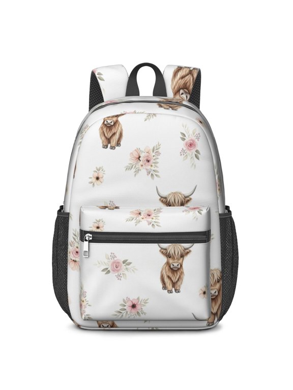 Highland Cow and Flower Print 17" School Backpacks for Teens,Waterproof Oxford Fabric,S-Shape Padded Straps for School,Travel,Hiking,Camping