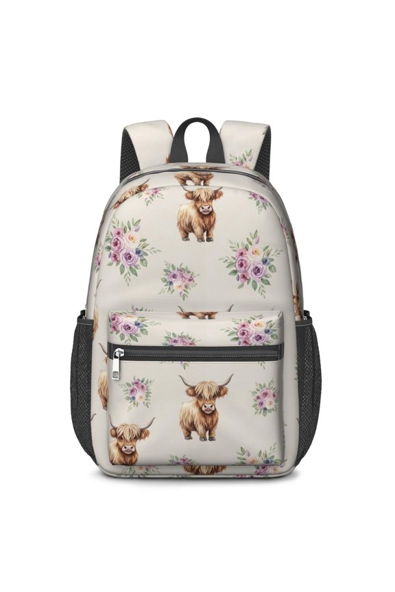 Highland Cow and Flower Print 17" School Backpacks for Teens,Waterproof Oxford Fabric,S-Shape Padded Straps for School,Travel,Hiking,Camping