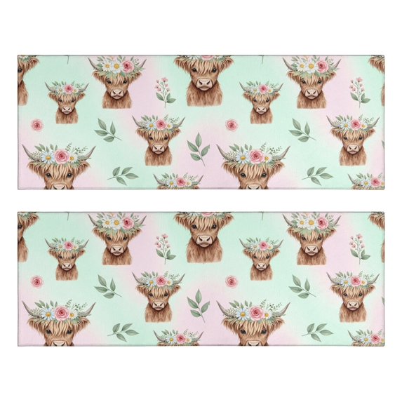 Highland Cow and Flower Print Anti Fatigue Kitchen Rugs Set Of 2, Non Slip Washable Decorative Floor Mats for Sink Laundry and Home Use, 17"x47"