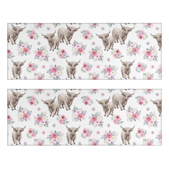 Highland Cow and Flower Print Anti Fatigue Kitchen Rugs Set Of 2, Non Slip Washable Decorative Floor Mats for Sink Laundry and Home Use, 17"x47"