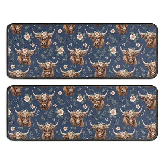Highland Cow and Flower Print Anti Fatigue Kitchen Rugs Set Of 2, Non Slip Washable Decorative Floor Mats for Sink Laundry and Home Use, 17"x47"