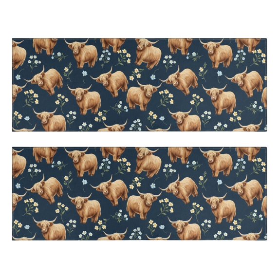 Highland Cow and Flower Print Anti Fatigue Kitchen Rugs Set Of 2, Non Slip Washable Decorative Floor Mats for Sink Laundry and Home Use, 17"x47"