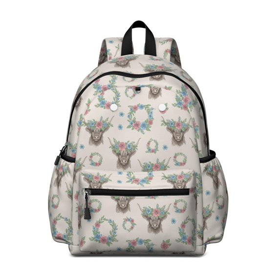 Highland Cow and Flower Print Backpack for School, Cute School Bag with Adjustable Shoulder Straps and Padded Back, 13.4"x11"x4.7"