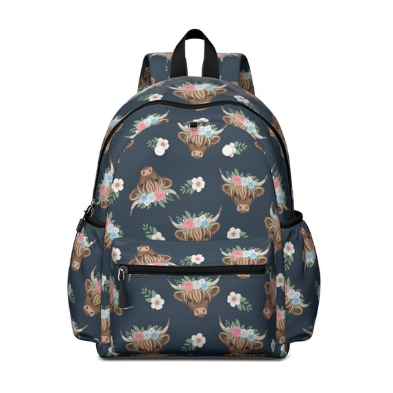 Highland Cow and Flower Print Backpack for School, Cute School Bag with Adjustable Shoulder Straps and Padded Back, 13.4"x11"x4.7"