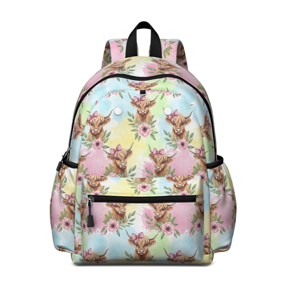 Highland Cow and Flower Print Backpack for School, Cute School Bag with Adjustable Shoulder Straps and Padded Back, 13.4"x11"x4.7"