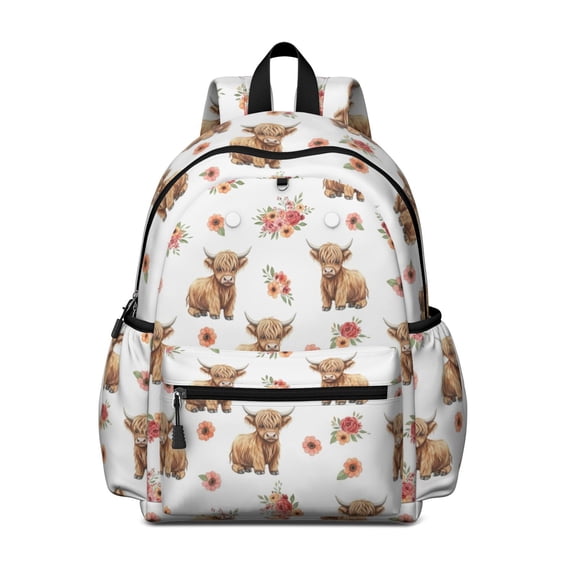 Highland Cow and Flower Print Backpack for School, Cute School Bag with Adjustable Shoulder Straps and Padded Back, 13.4"x11"x4.7"