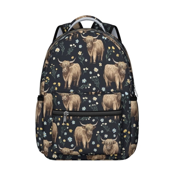 Highland Cow and Flower Print Backpack for School, Cute School Bag with Adjustable Shoulder Straps and Padded Back, 15.3"x11"x7.1"