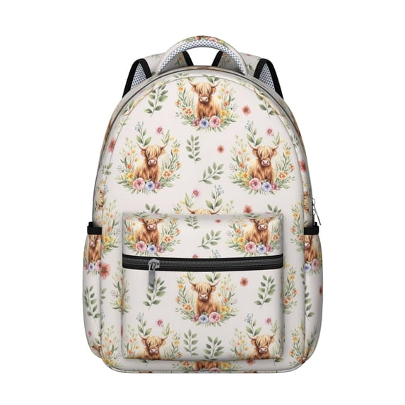 Highland Cow and Flower Print Backpack for School, Cute School Bag with Adjustable Shoulder Straps and Padded Back, 15.3"x11"x7.1"