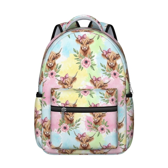 Highland Cow and Flower Print Backpack for School, Cute School Bag with Adjustable Shoulder Straps and Padded Back, 15.3"x11"x7.1"
