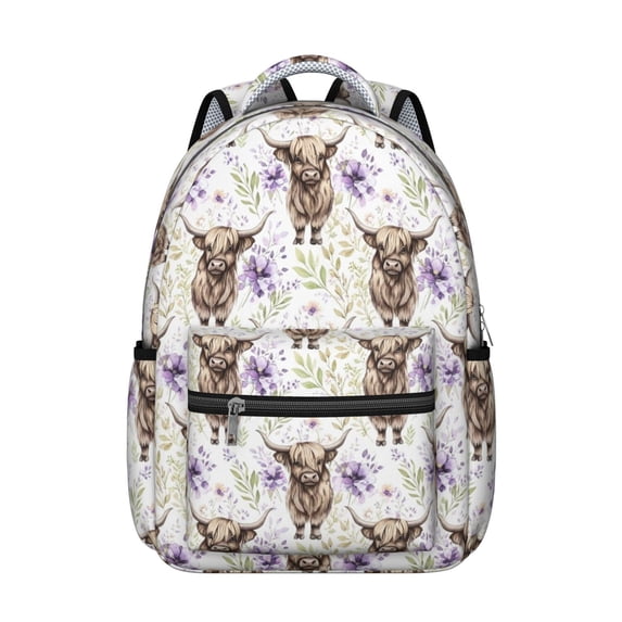 Highland Cow and Flower Print Backpack for School, Cute School Bag with Adjustable Shoulder Straps and Padded Back, 15.3"x11"x7.1"