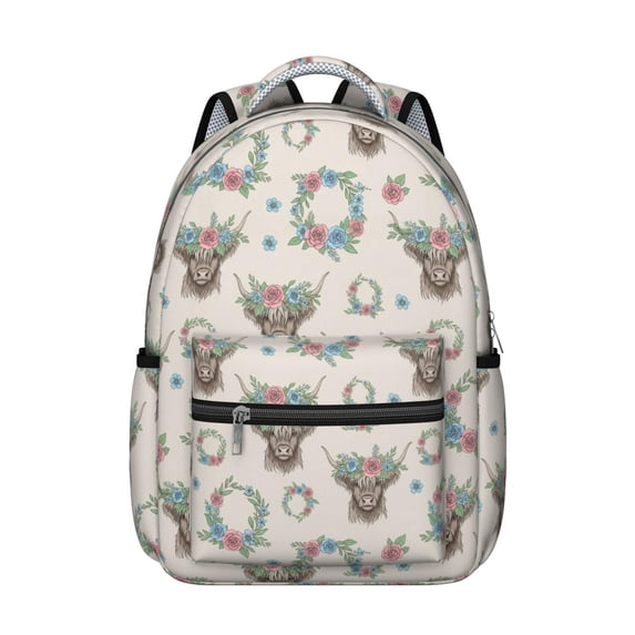 Highland Cow and Flower Print Backpack for School, Cute School Bag with Adjustable Shoulder Straps and Padded Back, 15.3"x11"x7.1"