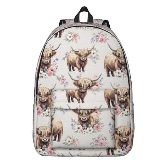 Highland Cow and Flower Print Backpack for School, Cute School Bag with Adjustable Shoulder Straps and Padded Back, 15.7"x11.8"x5.5"