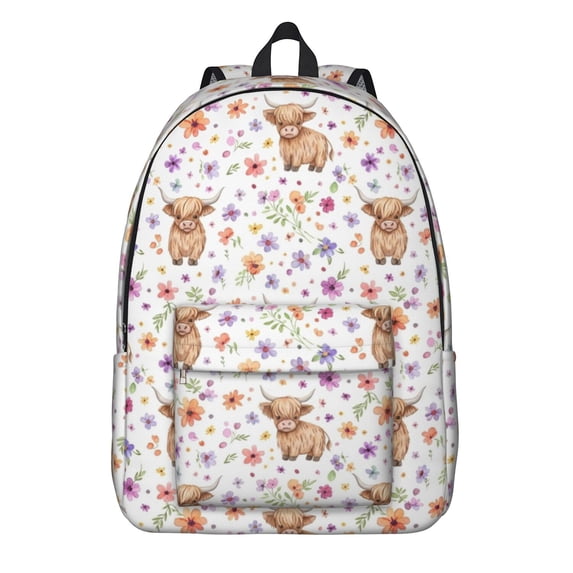 Highland Cow and Flower Print Backpack for School, Cute School Bag with Adjustable Shoulder Straps and Padded Back, 15.7"x11.8"x5.5"