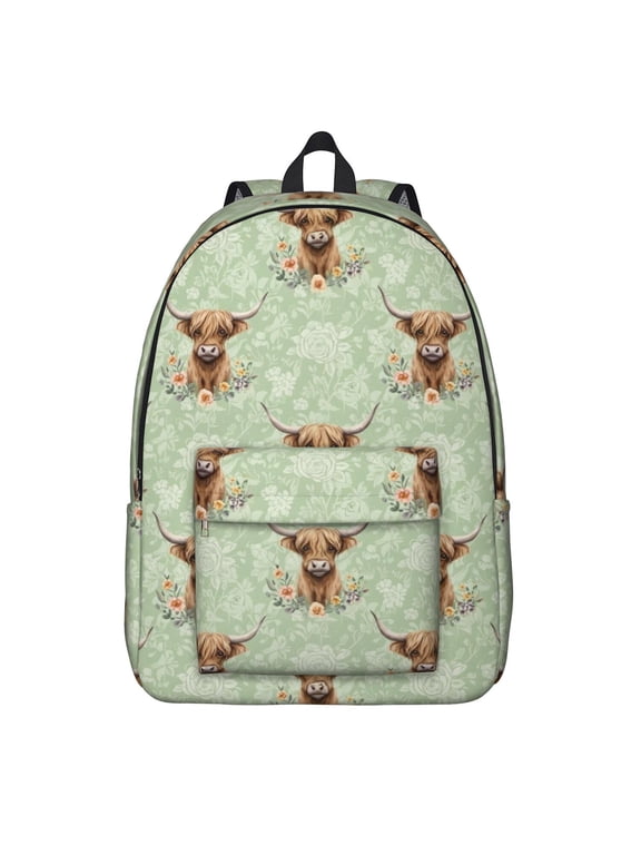 Highland Cow and Flower Print Backpack for School, Cute School Bag with Adjustable Shoulder Straps and Padded Back, 15.7"x11.8"x5.5"