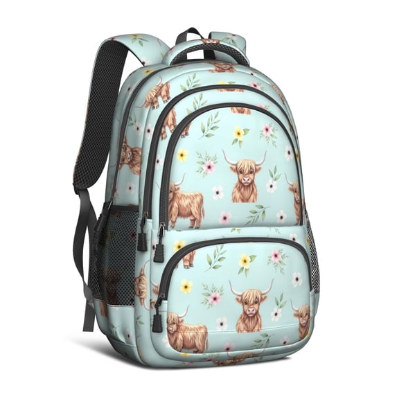 Highland Cow and Flower Print Backpack for School, Cute School Bag with Adjustable Shoulder Straps and Padded Back, 16.9"x12.6"x5.9"