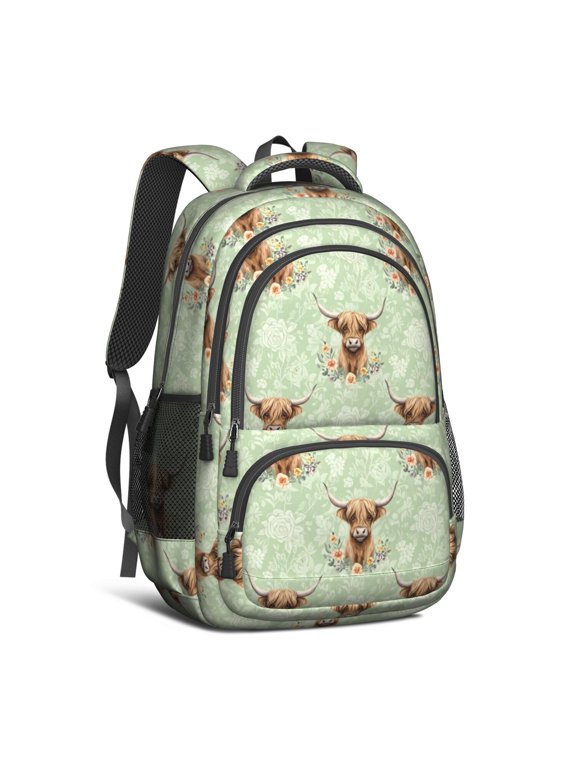 Highland Cow and Flower Print Backpack for School, Cute School Bag with Adjustable Shoulder Straps and Padded Back, 16.9"x12.6"x5.9"