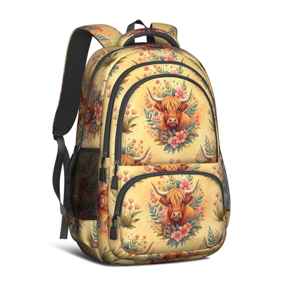 Highland Cow and Flower Print Backpack for School, Cute School Bag with Adjustable Shoulder Straps and Padded Back, 16.9"x12.6"x5.9"