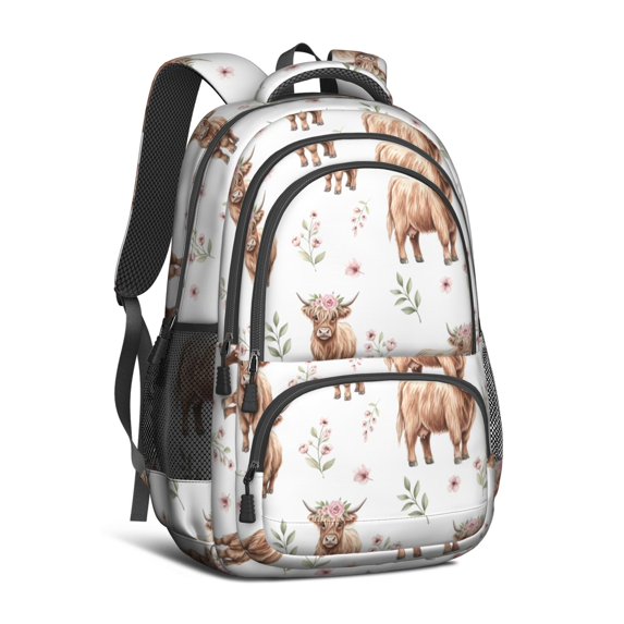 Highland Cow and Flower Print Backpack for School, Cute School Bag with Adjustable Shoulder Straps and Padded Back, 16.9"x12.6"x5.9"