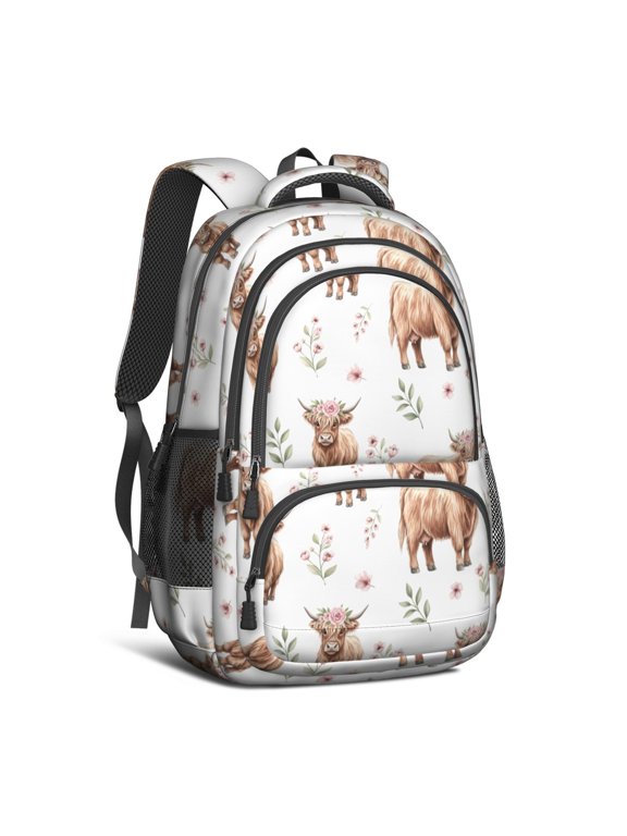Highland Cow and Flower Print Backpack for School, Cute School Bag with Adjustable Shoulder Straps and Padded Back, 16.9"x12.6"x5.9"