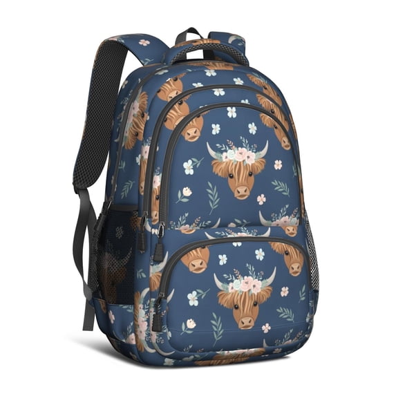 Highland Cow and Flower Print Backpack for School, Cute School Bag with Adjustable Shoulder Straps and Padded Back, 16.9"x12.6"x5.9"