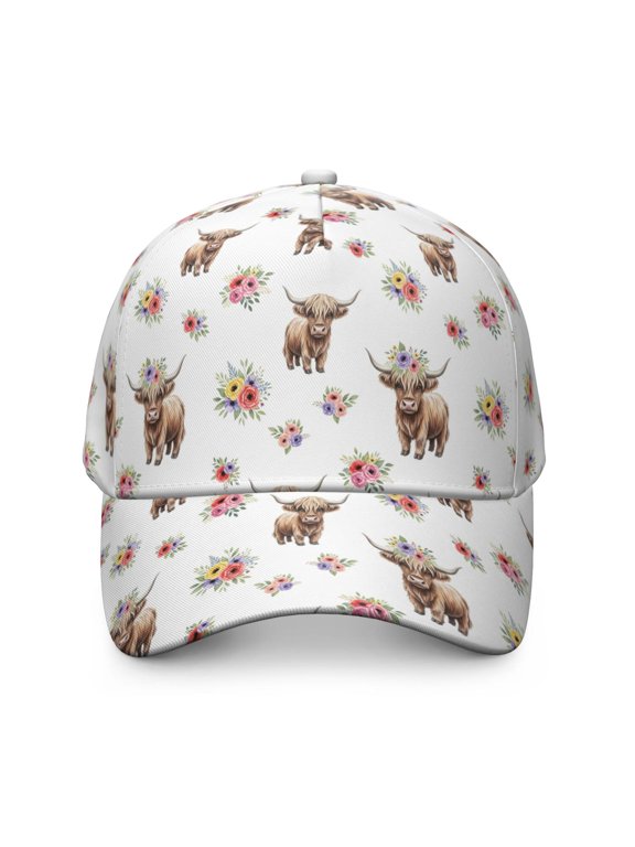 Highland Cow and Flower Print Baseball Cap, Sports Sun Cap with Snap Closure & Sweatband, Rigid Flat Brim Gifts for Birthday Christmas Thanksgiving