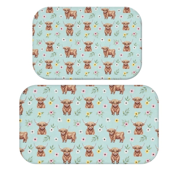 Highland Cow and Flower Print Bath Mat Set Of 2,Non-Slip Rug for Bathroom,Kitchen,Bedroom,Entrance, 30x17 and 23.5x15.7 Inches