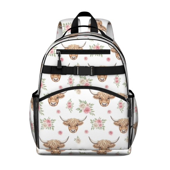 Highland Cow and Flower Print Cute School Backpack Bag for School with Padded Back and Adjustable Shoulder Straps 15.25"x11.5"x5.25"