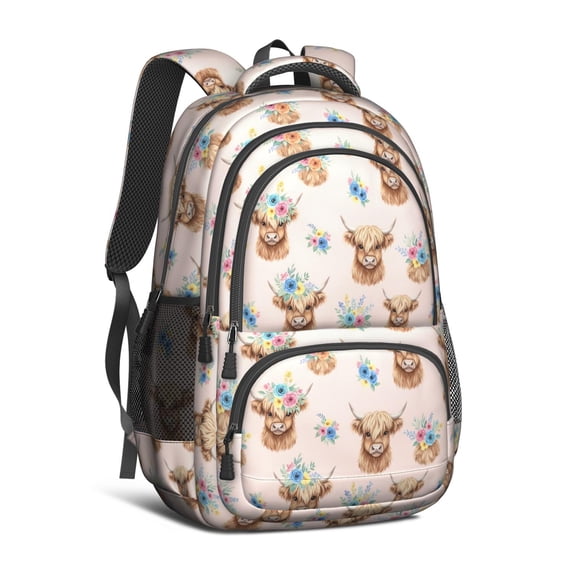 Highland Cow and Flower Print Cute School Backpack Bag with Padded Back and Adjustable Shoulder Straps 16.9 X 12.6 X 5.9 Inches