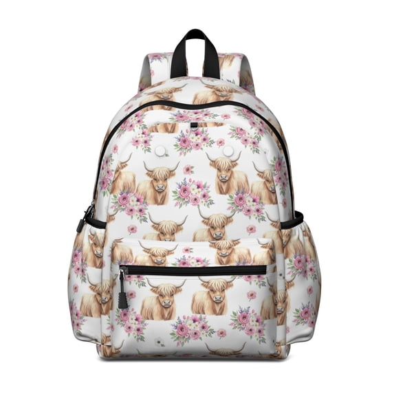 Highland Cow and Flower Print Cute School Backpack with Padded Back and Adjustable Shoulder Straps 13.4"x11"x4.7"
