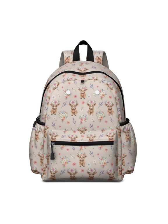 Highland Cow and Flower Print Cute School Backpack with Padded Back and Adjustable Shoulder Straps 13.4"x11"x4.7"