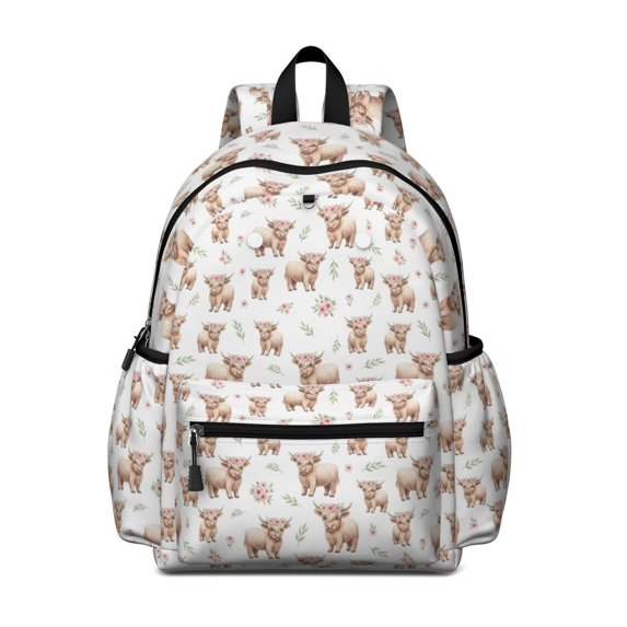 Highland Cow and Flower Print Cute School Backpack with Padded Back and Adjustable Shoulder Straps 13.4"x11"x4.7"