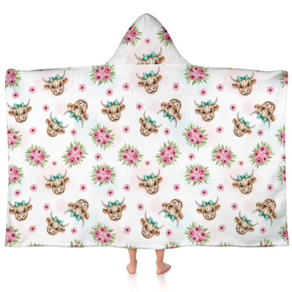 Highland Cow and Flower Print Hooded Bath Towel Wrap for Teens Ages 3 To 12, Soft Lightweight Quick Dry Microfiber Bath Beach Pool, 60"x35"