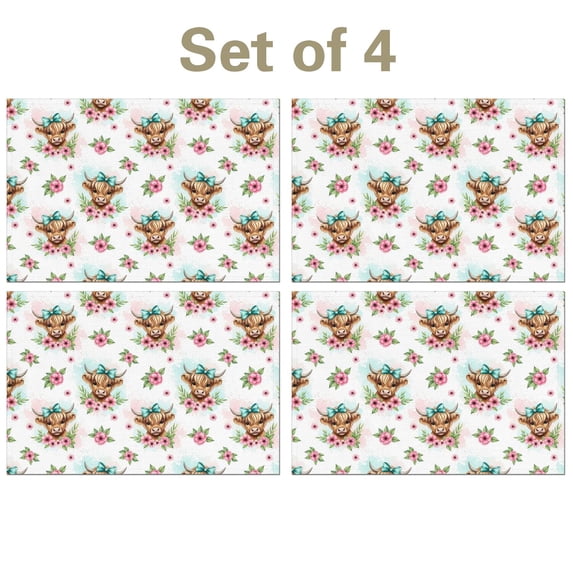 Highland Cow and Flower Print Linen-look Placemats Set Of 4, Outdoor ...