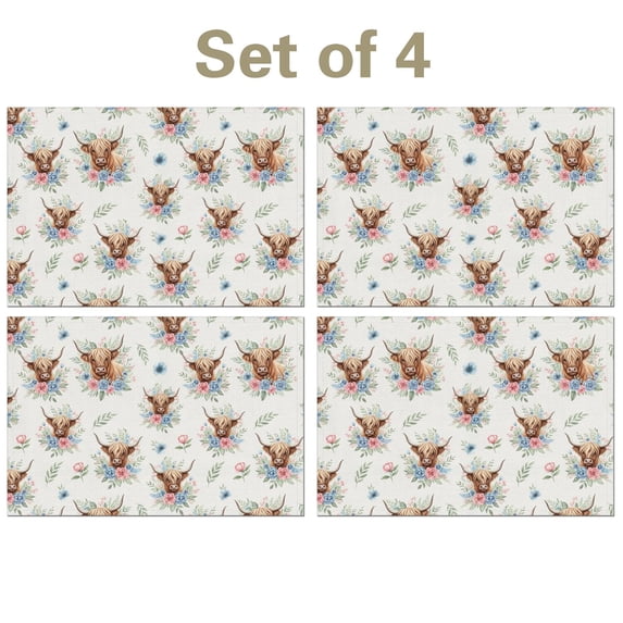 Highland Cow and Flower Print Linen-look Placemats Set Of 4, Outdoor ...