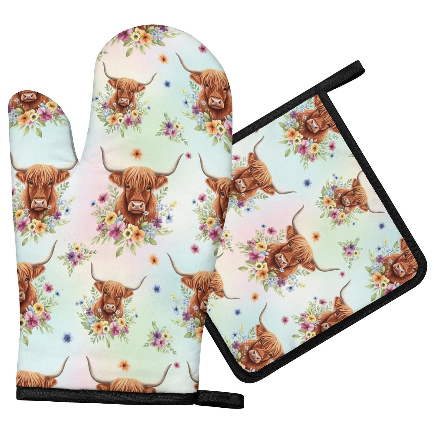 Bbq Banner Examples Highland Cow and Flower Print Oven Mitt Pot Holder Set, Polyester BBQ ...