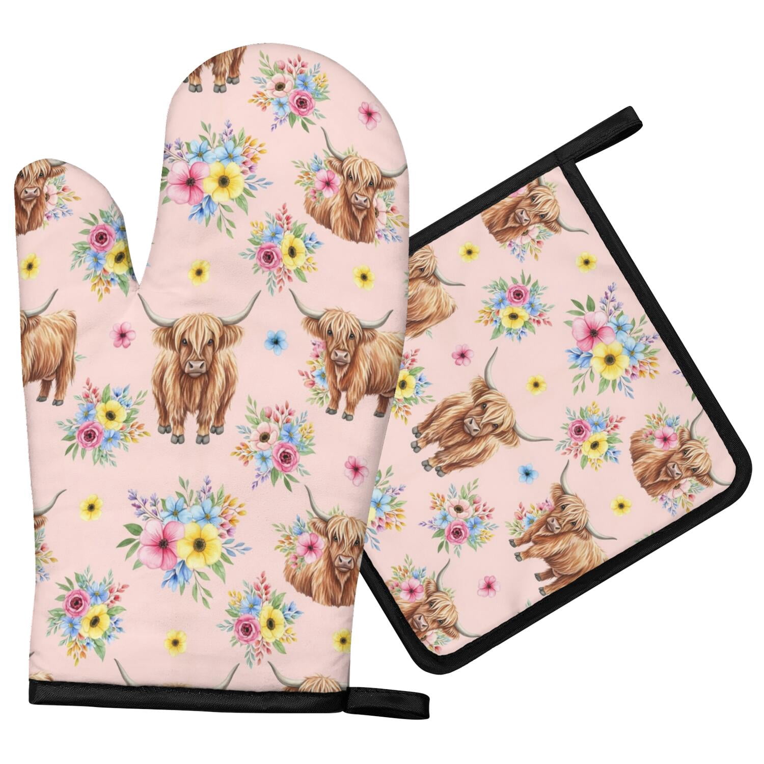 Bbq Banner Examples Highland Cow and Flower Print Oven Mitt Pot Holder Set, Polyester BBQ ...