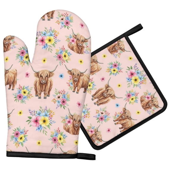 Loop Concert Highland Cow and Flower Print Oven Mitt Pot Holder Set, Polyester BBQ ...