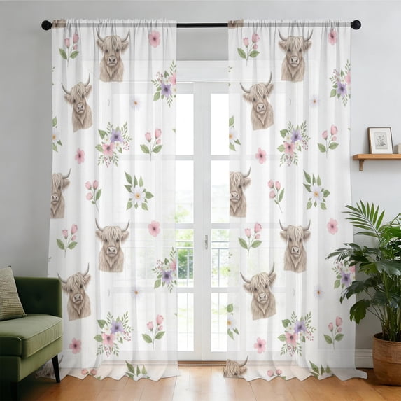 Highland Cow and Flower Print Sheer Curtains, Sheer Curtain Panels with ...