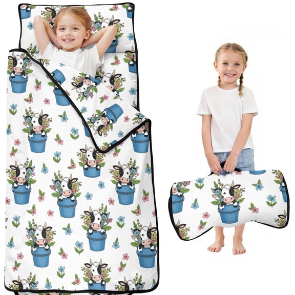Highland Cow and Flower Print Teens Toddler Nap Mat with Pillow, Sleeping Mat Bag for Preschool Daycare 50"x20"
