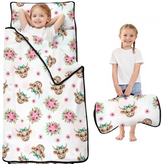 Highland Cow and Flower Print Teens Toddler Nap Mat with Pillow, Sleeping Mat Bag for Preschool Daycare 50"x20"