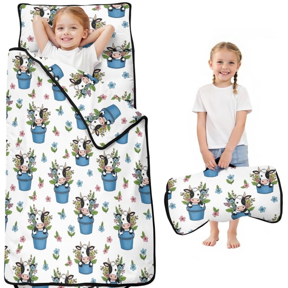 Highland Cow and Flower Print Teens Toddler Nap Mat with Pillow, Sleeping Mat Bag for Preschool Daycare 51"x22"