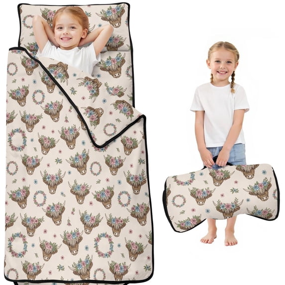 Highland Cow and Flower Print Teens Toddler Nap Mat with Pillow, Sleeping Mat Bag for Preschool Daycare 51"x22"