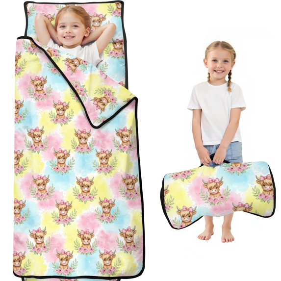 Highland Cow and Flower Print Teens Toddler Nap Mat with Pillow, Sleeping Mat Bag for Preschool Daycare 59"x22"