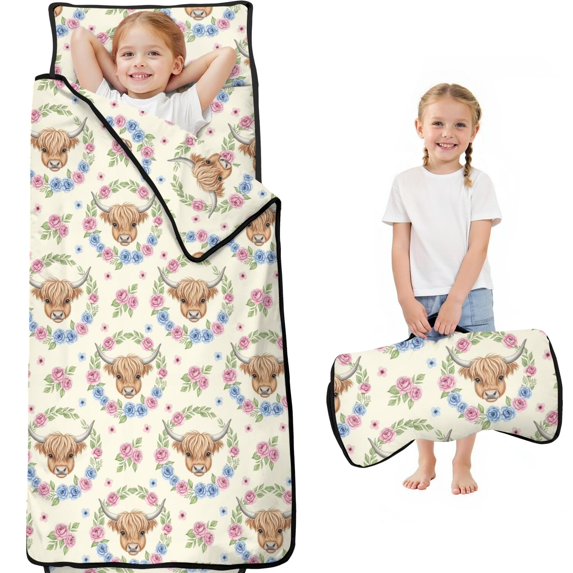 Highland Cow and Flower Print Teens Toddler Nap Mat with Pillow, Sleeping Mat Bag for Preschool Daycare 59"x22"