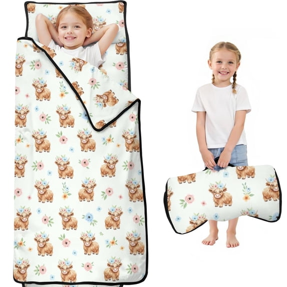 Highland Cow and Flower Print Teens Toddler Nap Mat with Pillow, Sleeping Mat Bag for Preschool Daycare 59"x22"