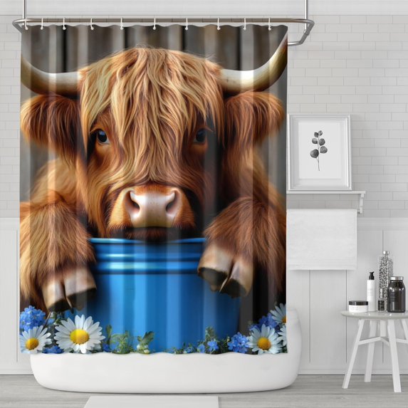 Highland Cow and Flowers 72x84in Shower Curtain,Bathroom Decorative Shower Curtains Set with 12 Hooks,Modern Waterproof Washable Shower Curtain