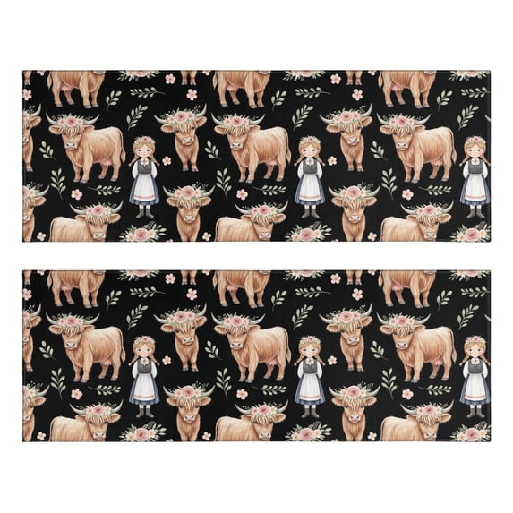Highland Cow and Girl Print Anti Fatigue Kitchen Rugs Set Of 2, Non Slip Washable Decorative Floor Mats for Sink Laundry and Home Use, 17"x47"